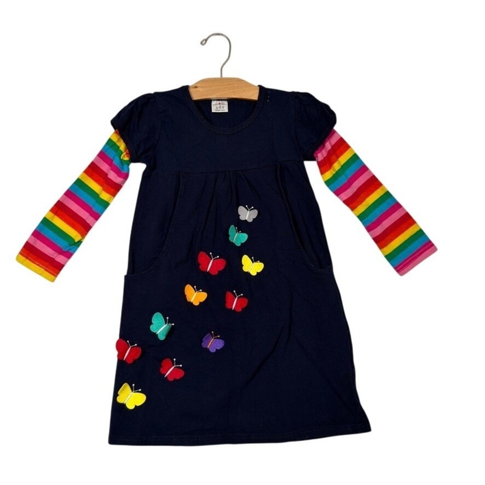 Girls 5-6Y Navy Rainbow Stripe Butterfly Applique Long Sleeve Dress